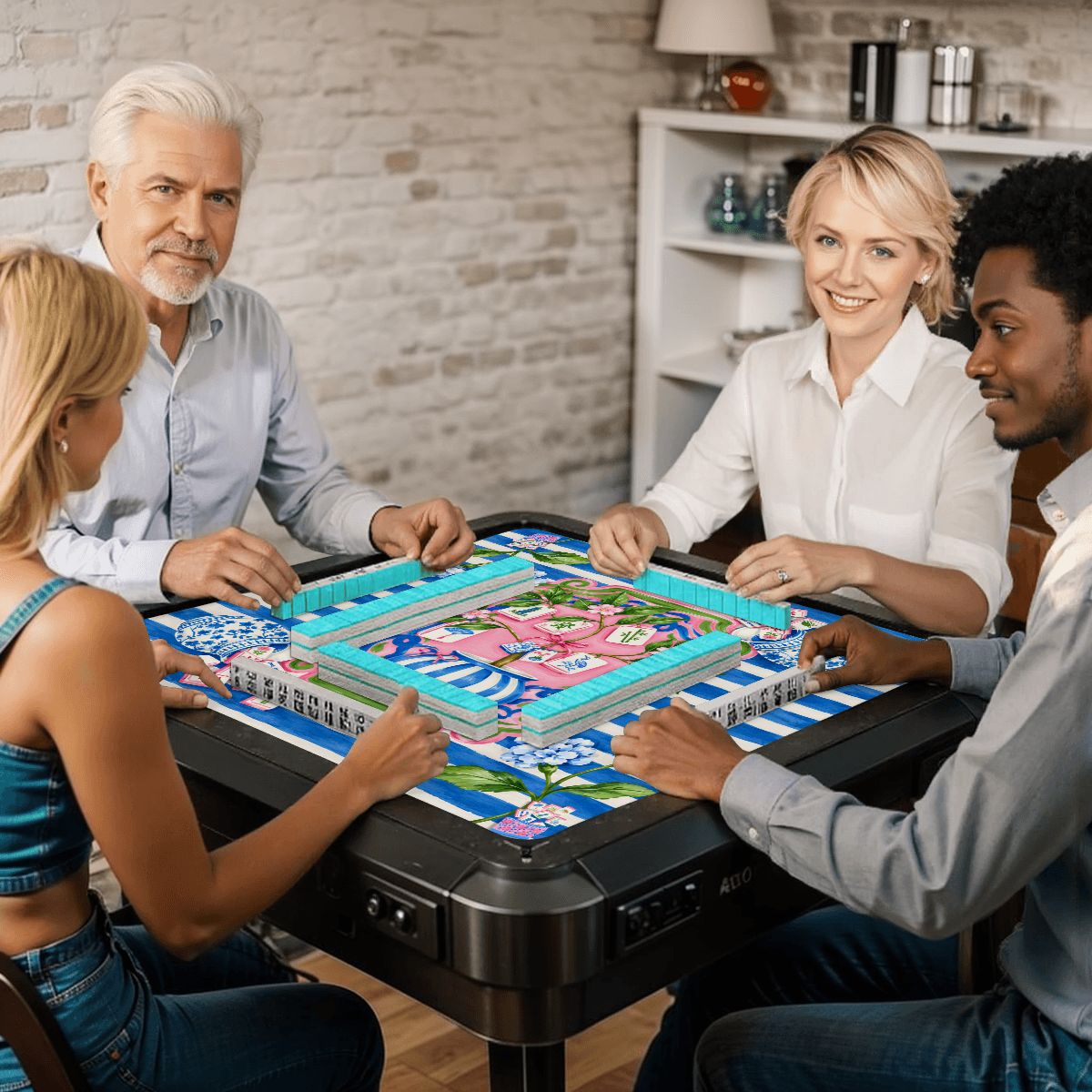 Preppy Petal Chinoiserie Blue And Pink Mahjong Mat