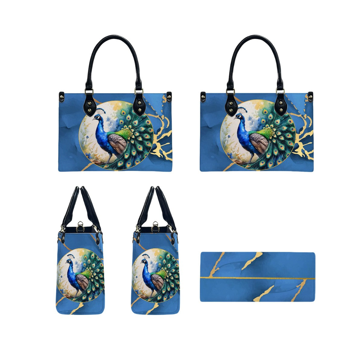 Chinoiserie Watercolor Asian Peacock Royal Blue Gold Shoulder Hand Bag