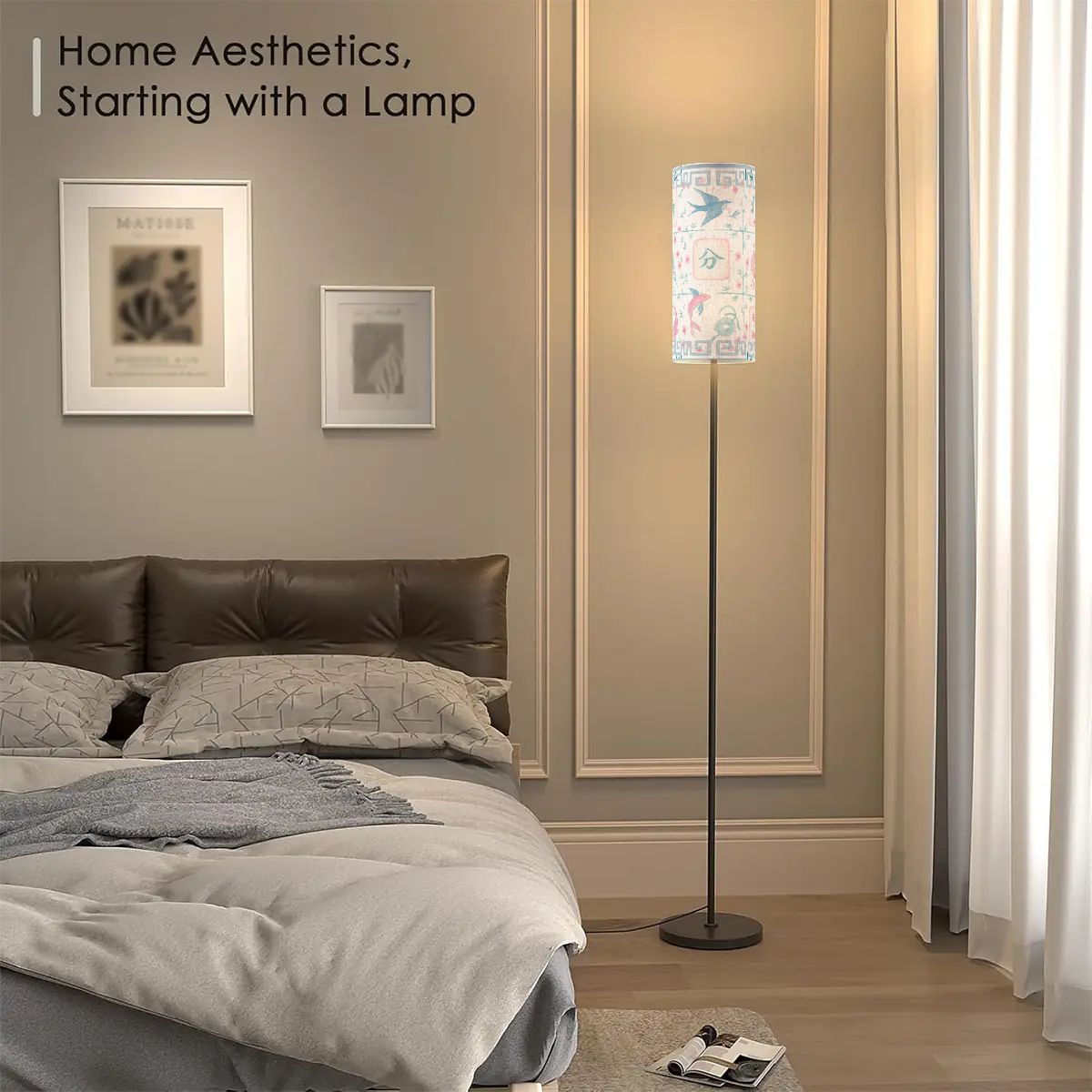 Asian Zen Mahjong Watercolor Tiles Modern Floral Book Nook Floor Lamp