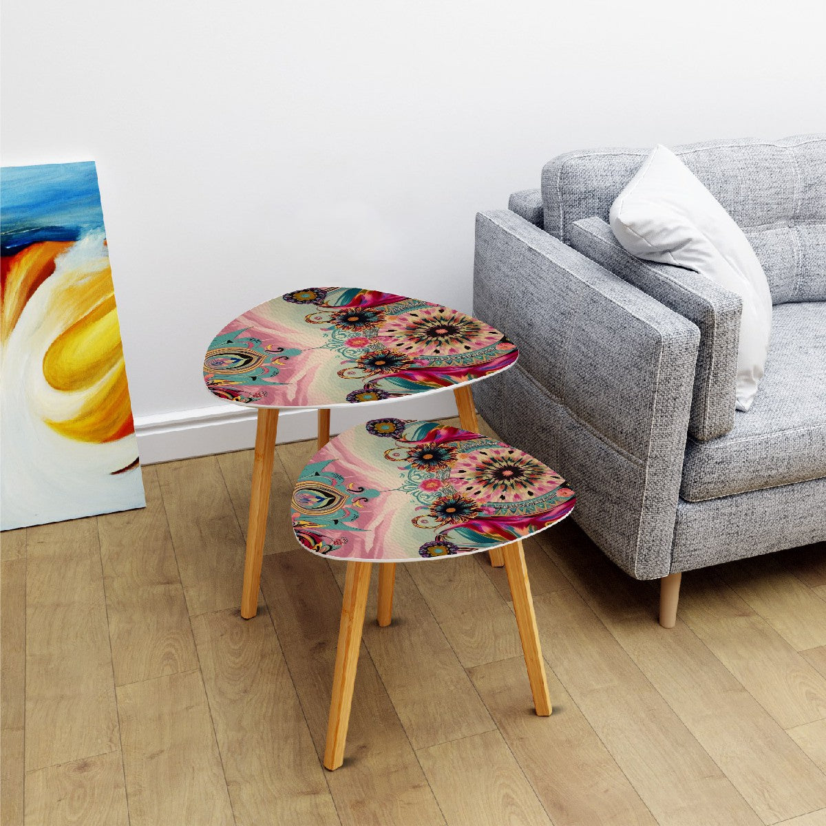 Bohemian Watercolor Bejeweled Tones Fusia Pink, Blue Boho Nesting Tables
