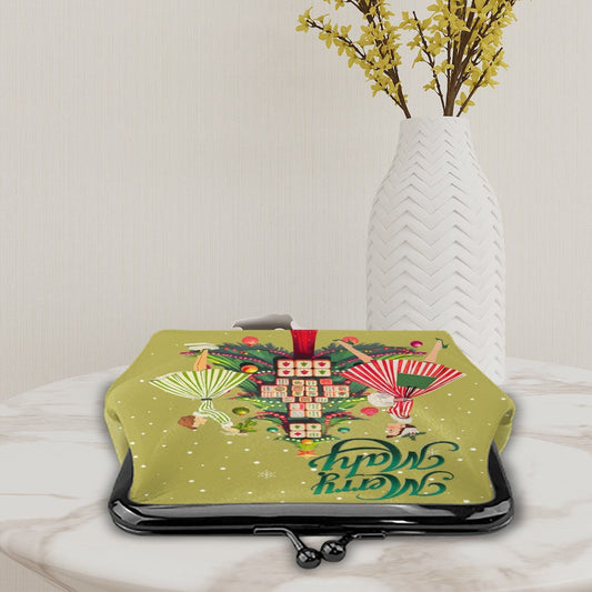 Merry Mahj Mahjong Green Christmas Nostalgia Women's Leather Kiss Lock Coin Purse - Splash Of Mahj And Color Co.