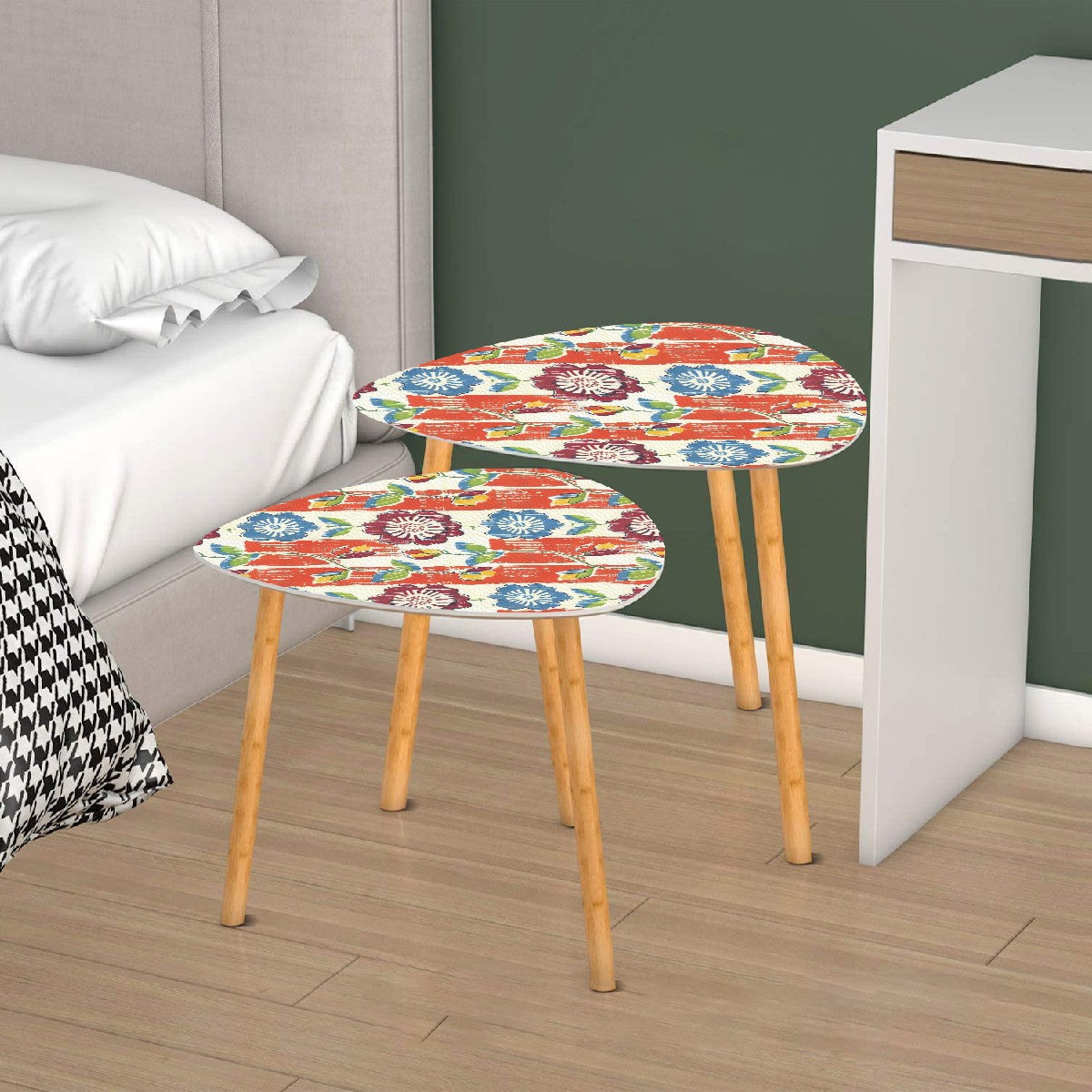 Vintage Floral Heritage Coral Blue Modern Nesting Tables Triangle Coffee Table Set of 2