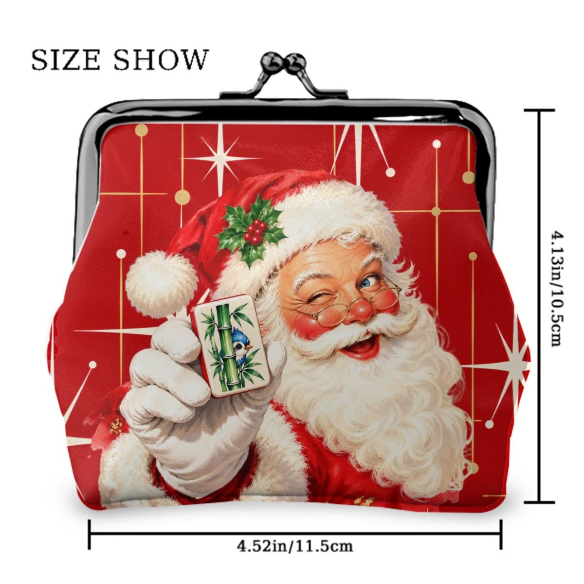 Nostalgic Vintage Santa Holiday Red Whimsical Women's Leather Kiss Lock Coin Purse - Splash Of Mahj And Color Co.