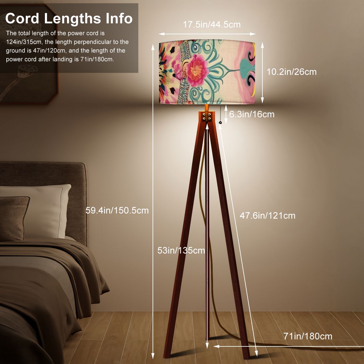 Bohemian Watercolor Pink Teal Floral Modern Tripod Floor Lamp