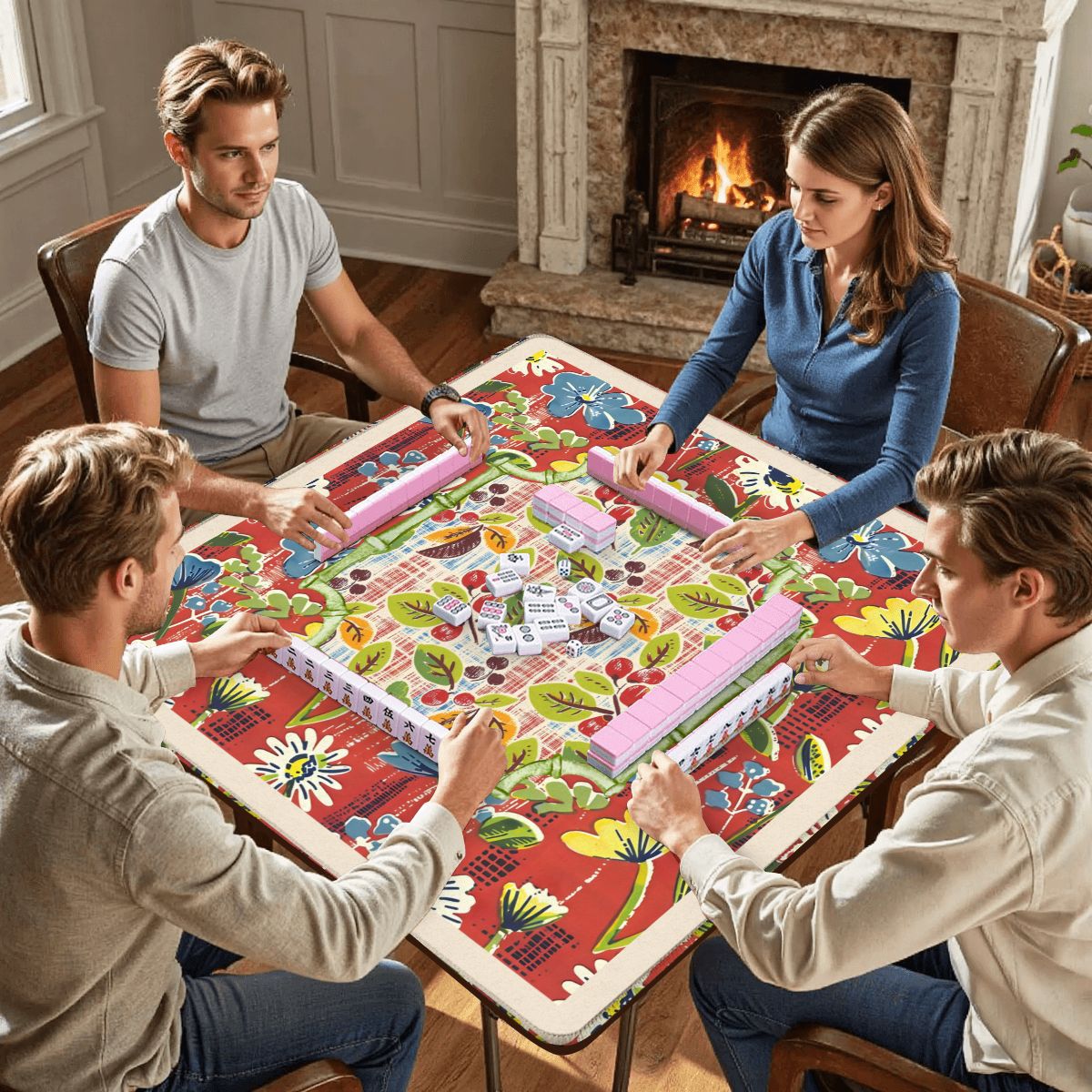 Mahjong Mat Floral Heritage Rust, Yellow Blue, Preppy Mahj Mat Coordinates Well With Heritage Tiles