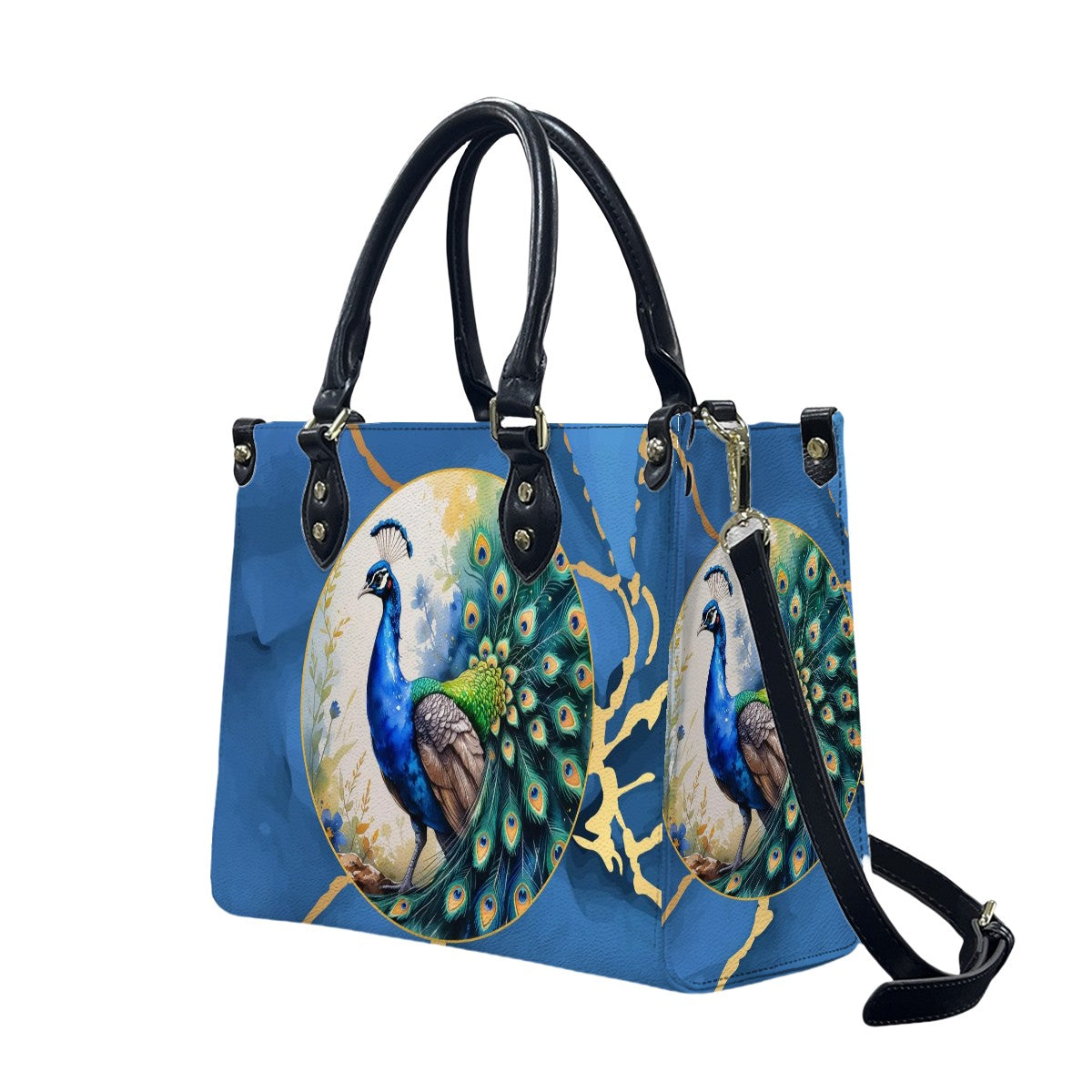 Chinoiserie Watercolor Asian Peacock Royal Blue Gold Shoulder Hand Bag