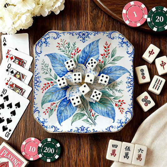 Tobacco Leaf Winterberry Scalloped Ceramic Mahjong Dice Tray - Splash Of Mahj And Color Co.