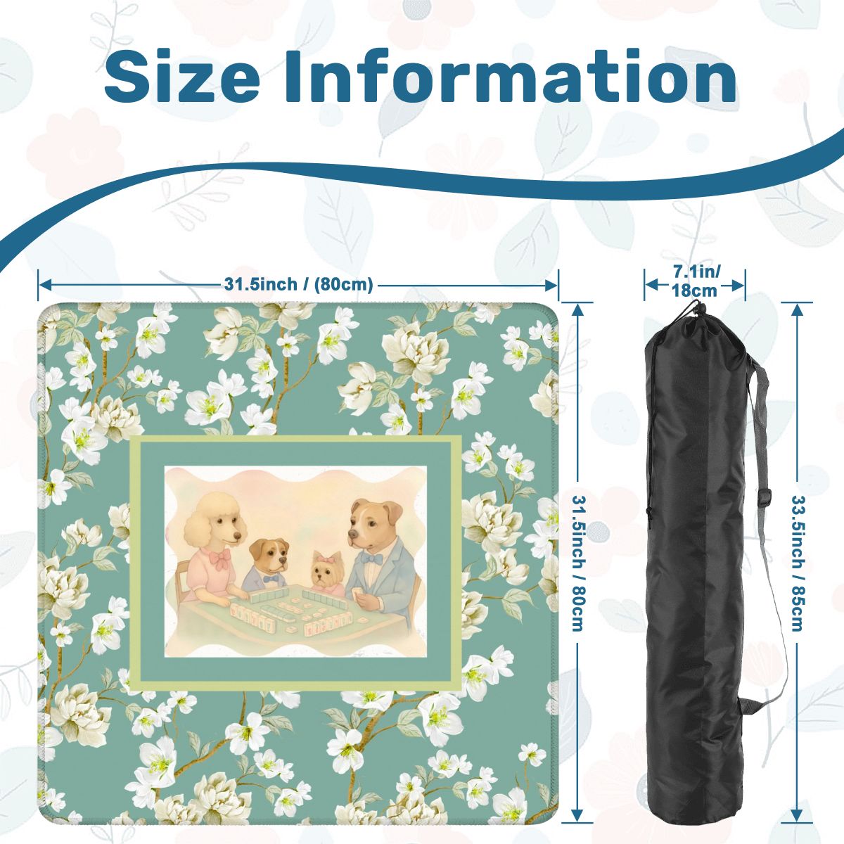Dogs Playing Mahjong Mat Whimsical Floral Asian Designed Neoprene Mahj Mat