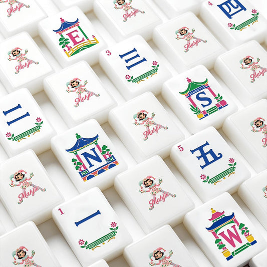 Mahjie Mascot Chinoiserie Mahjong Tiles Set (Traditional Porcelain Style) (Single Layer)