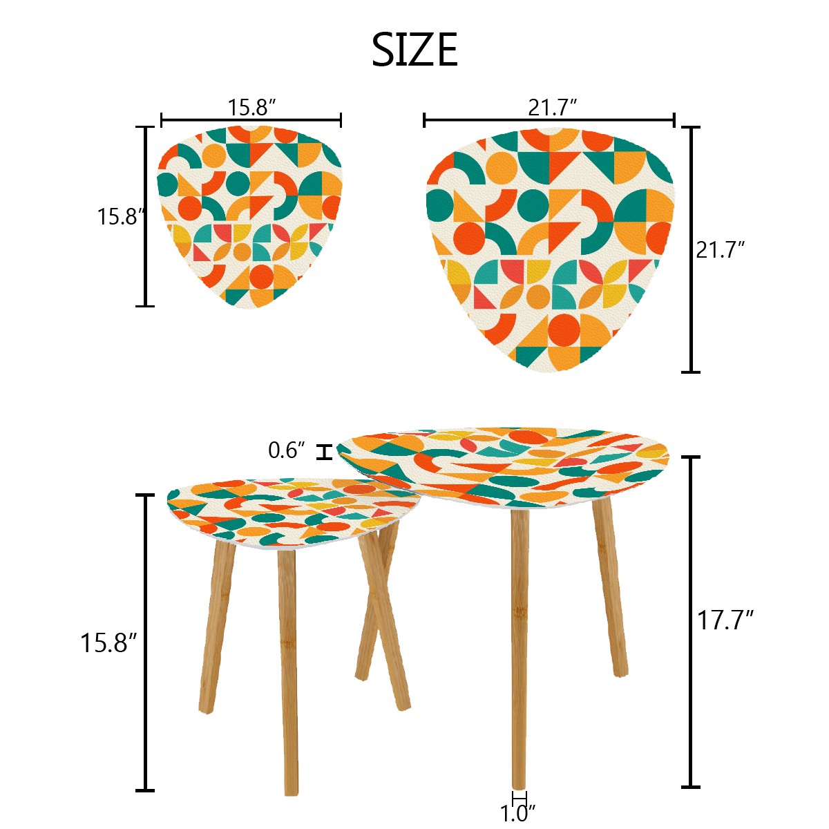 Geometric Orange, Teal Yellow, Color Pop Modern Nesting Triangle Coffee Table Set of 2