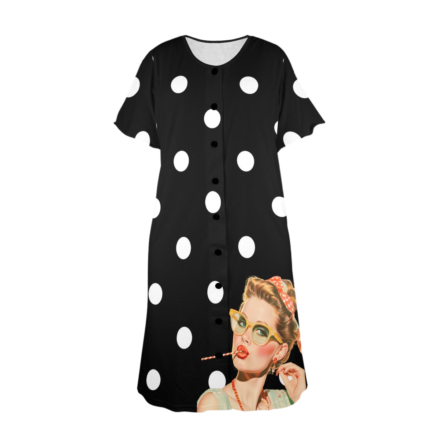 Sassy Gal Black White Polka Dot Comfy Muumuu Dress