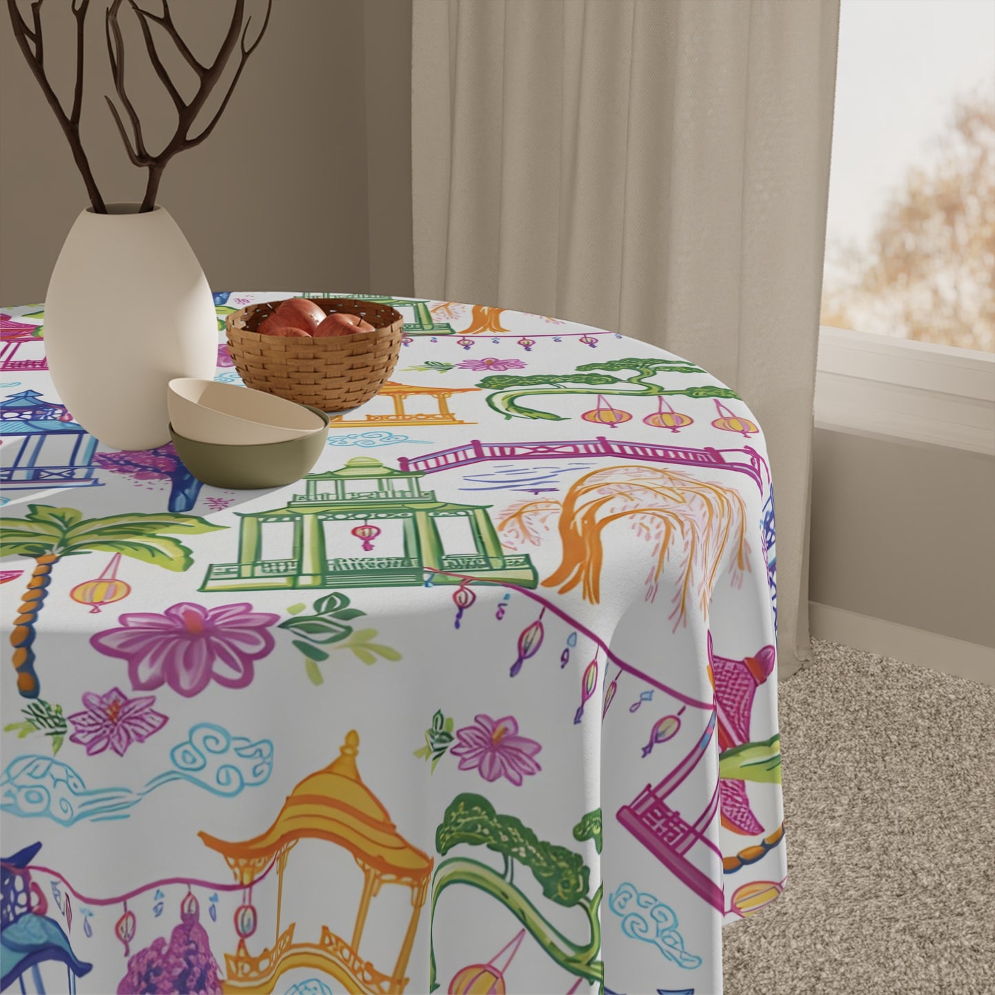 Chinoiserie Pagoda Mahjong Tablecloth – Asian Garden Pattern Decorative Table Cover - Splash of Color Co.