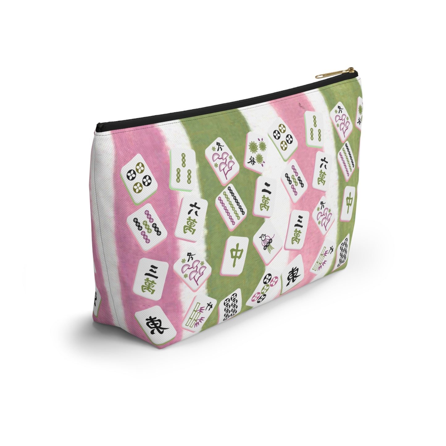 Mahjong Tile Pouch, Mahj Lover Gift, Cosmetic Bag, Pastel Pink Green Striped With Mahjong Tiles