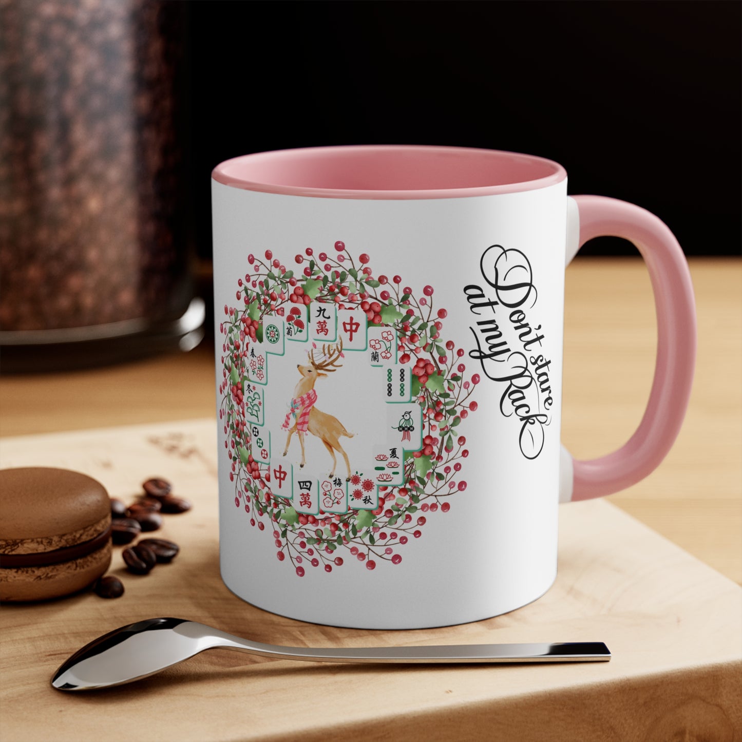 Funny Mahjong Christmas Mug, Don't Stare At My Rack, Mahj Tiles, Reindeer, Festive Mahj Mug for Holiday Cheer - 11oz Accent Mug, Gift for