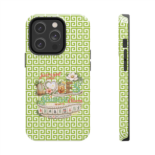 Mahjong Floral Pattern Just A Girl Who Loves Southern Charm and Mahjong Phone Case | Green Geometric Background - Splash of Color Co.