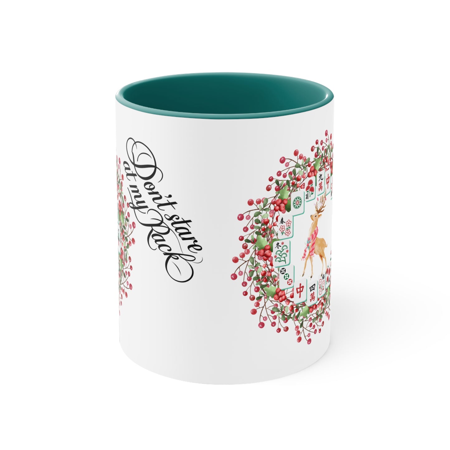 Funny Mahjong Christmas Mug, Don't Stare At My Rack, Mahj Tiles, Reindeer, Festive Mahj Mug for Holiday Cheer - 11oz Accent Mug, Gift for