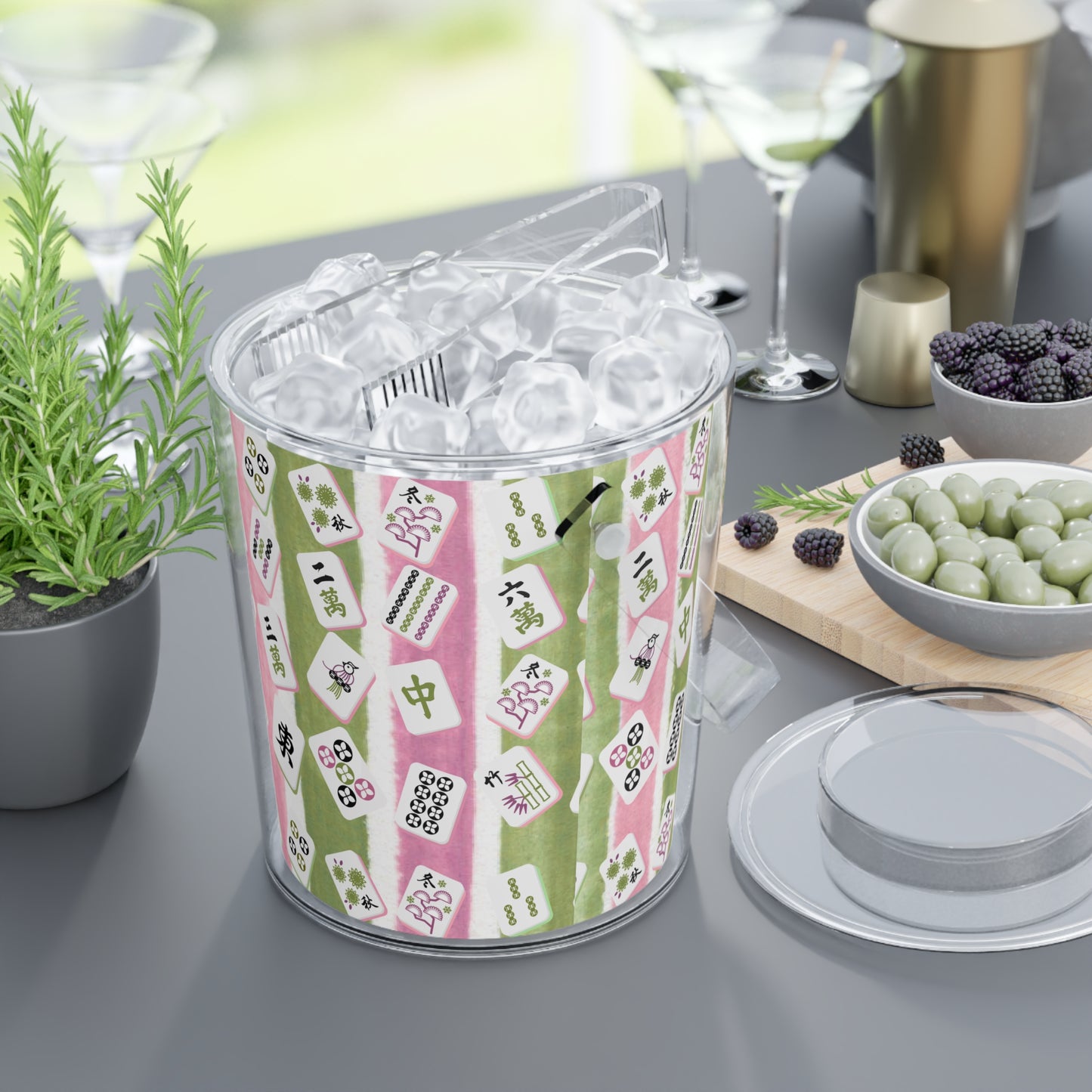 Mahjong Ice Bucket, Charming Ice Bucket with Tongs for Parties, Green Pink Striped Mahj Tiles Drink Cooler