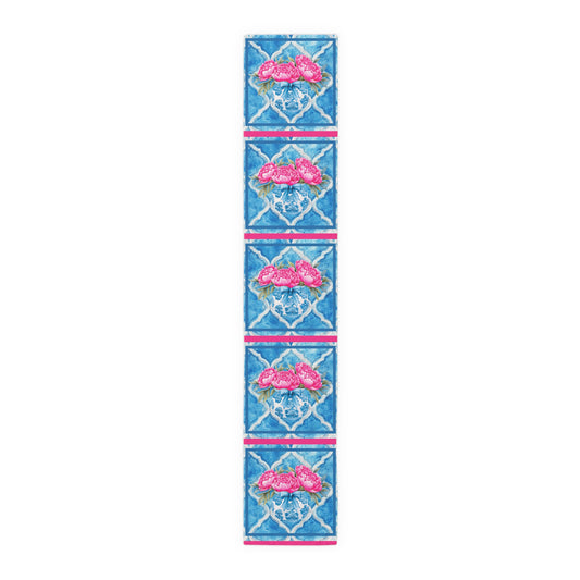 Pink Peony Floral Tile Table Runner — Blue Moroccan Watercolor Pattern - Splash of Color Co.