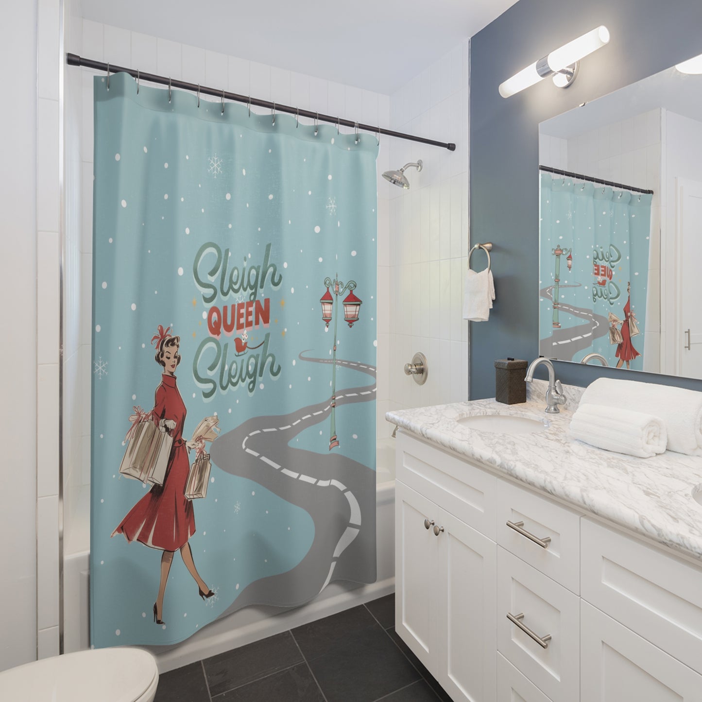 Festive Mahjong Christmas Shower Curtain with 'Sleigh Queen Sleigh' Design