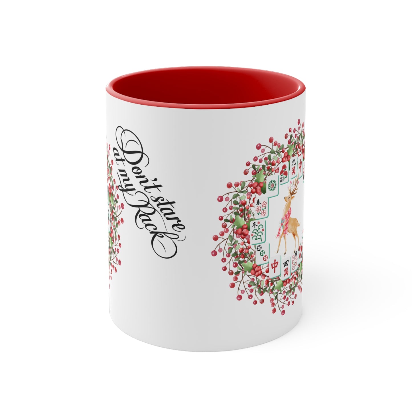 Funny Mahjong Christmas Mug, Don't Stare At My Rack, Mahj Tiles, Reindeer, Festive Mahj Mug for Holiday Cheer - 11oz Accent Mug, Gift for