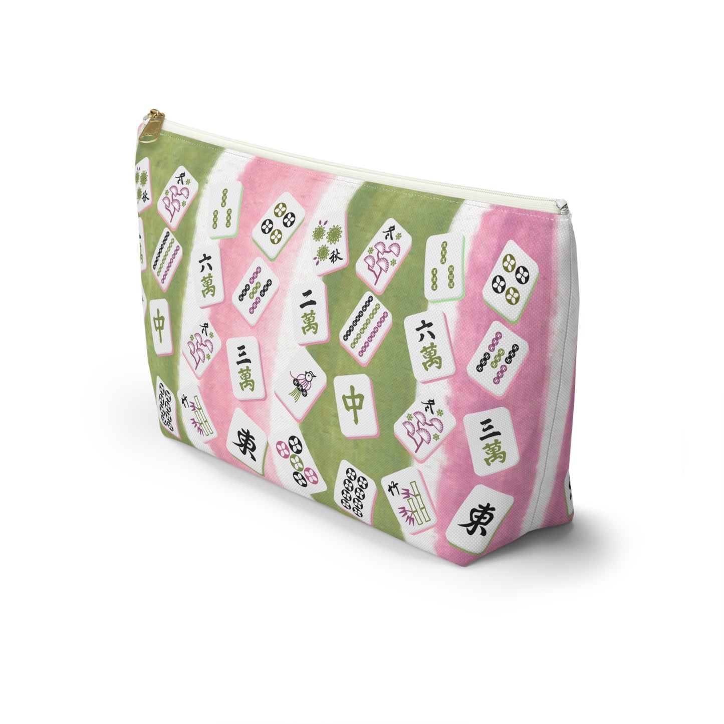 Mahjong Tile Pouch, Mahj Lover Gift, Cosmetic Bag, Pastel Pink Green Striped With Mahjong Tiles