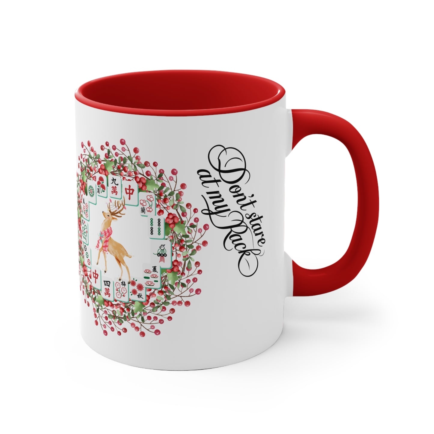 Funny Mahjong Christmas Mug, Don't Stare At My Rack, Mahj Tiles, Reindeer, Festive Mahj Mug for Holiday Cheer - 11oz Accent Mug, Gift for