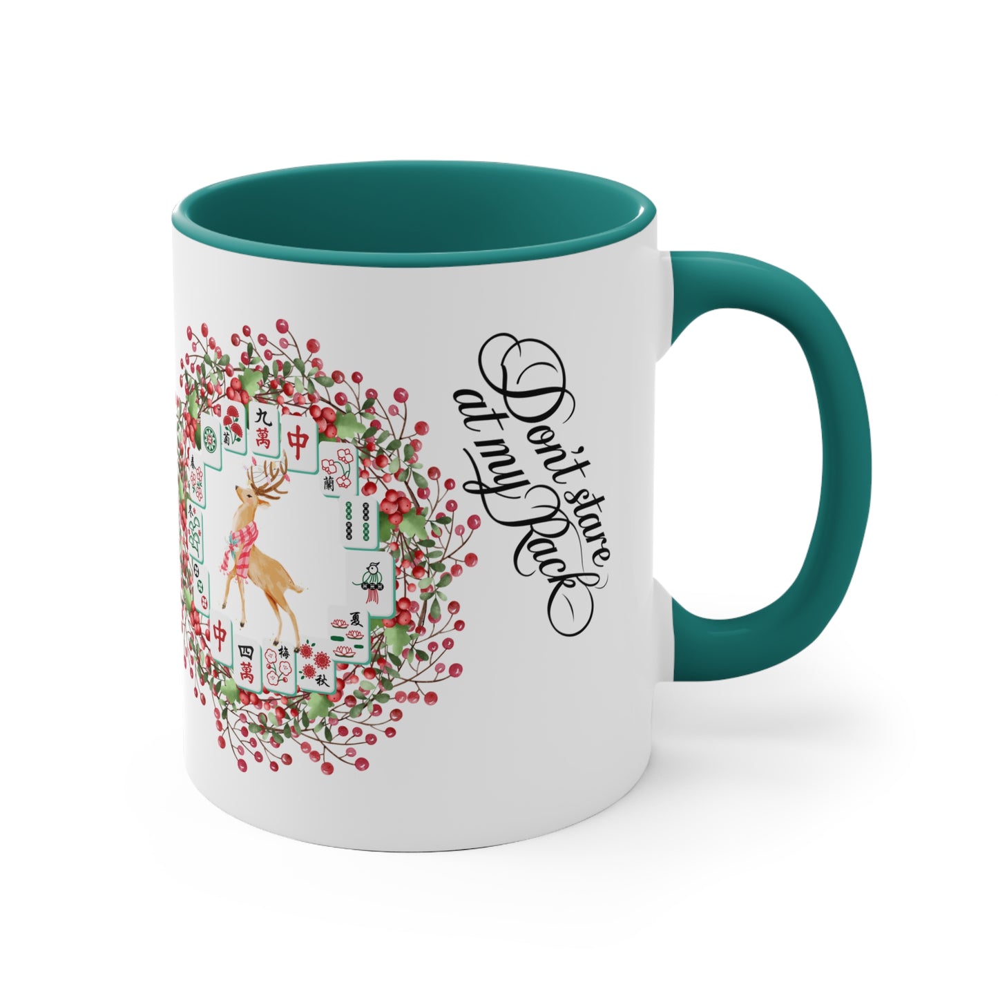 Funny Mahjong Christmas Mug, Don't Stare At My Rack, Mahj Tiles, Reindeer, Festive Mahj Mug for Holiday Cheer - 11oz Accent Mug, Gift for