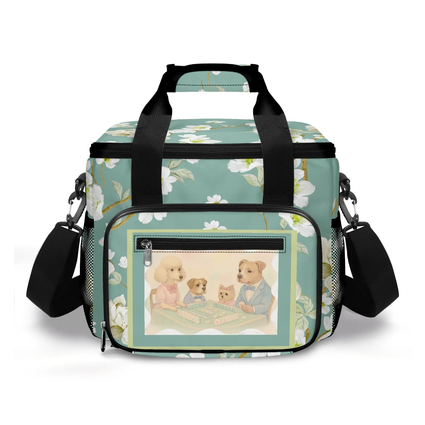 Whimsical Dogs Playing Mahjong Floral Asian Designed Cooler Bag For Game Nights Or Pool Side