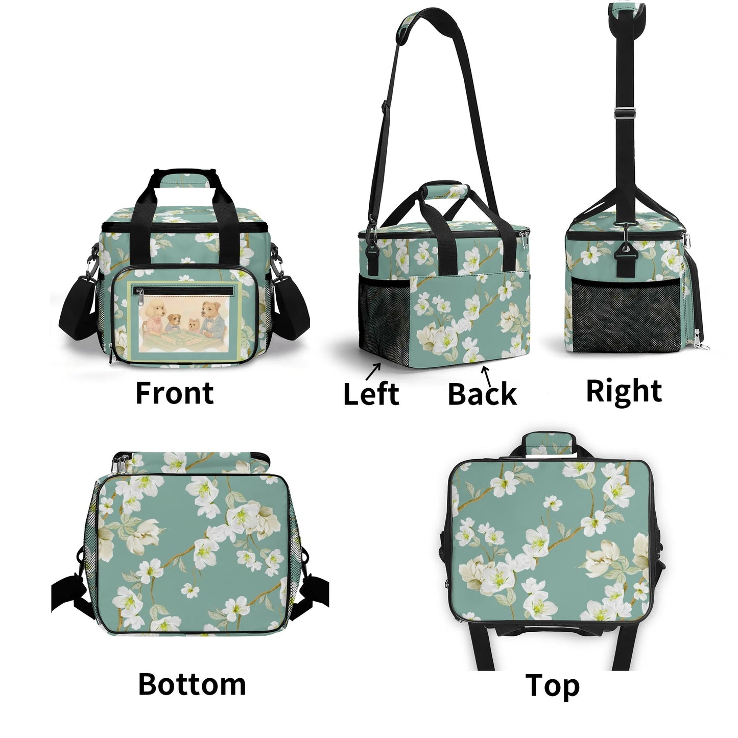 Whimsical Dogs Playing Mahjong Floral Asian Designed Cooler Bag For Game Nights Or Pool Side