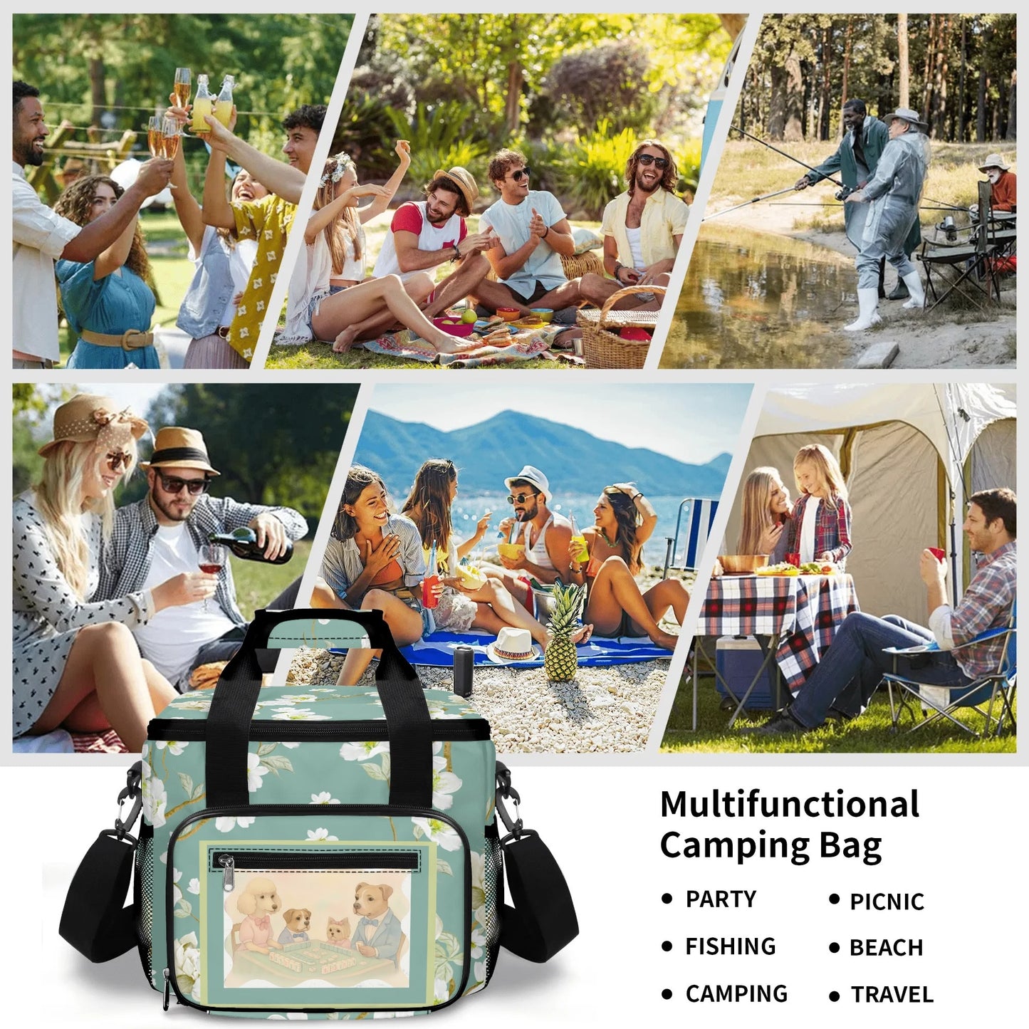 Whimsical Dogs Playing Mahjong Floral Asian Designed Cooler Bag For Game Nights Or Pool Side
