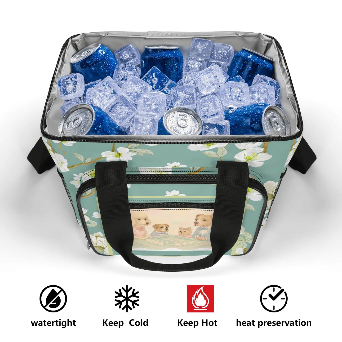 Whimsical Dogs Playing Mahjong Floral Asian Designed Cooler Bag For Game Nights Or Pool Side