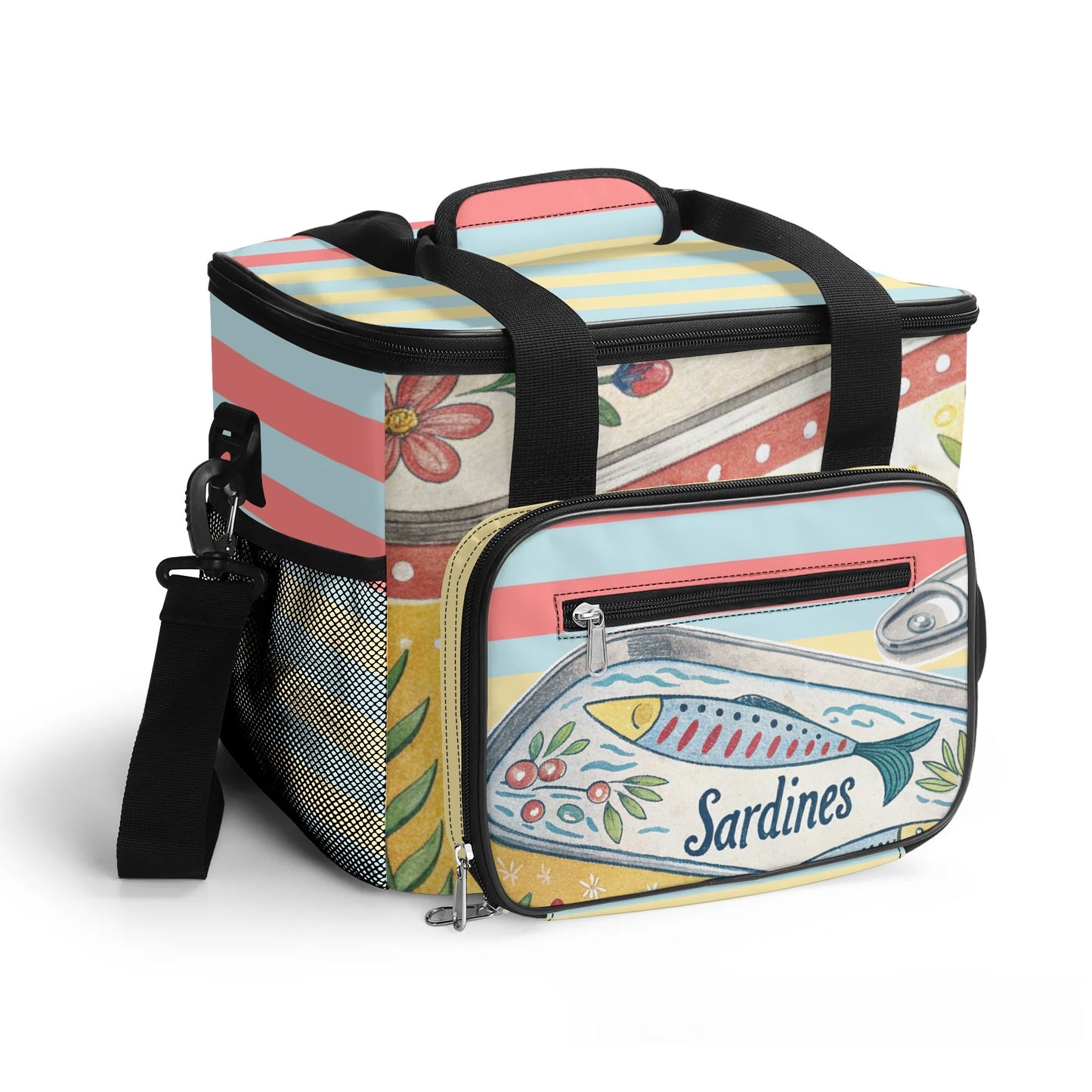 Colorful cooler bag with sardine design on a white background