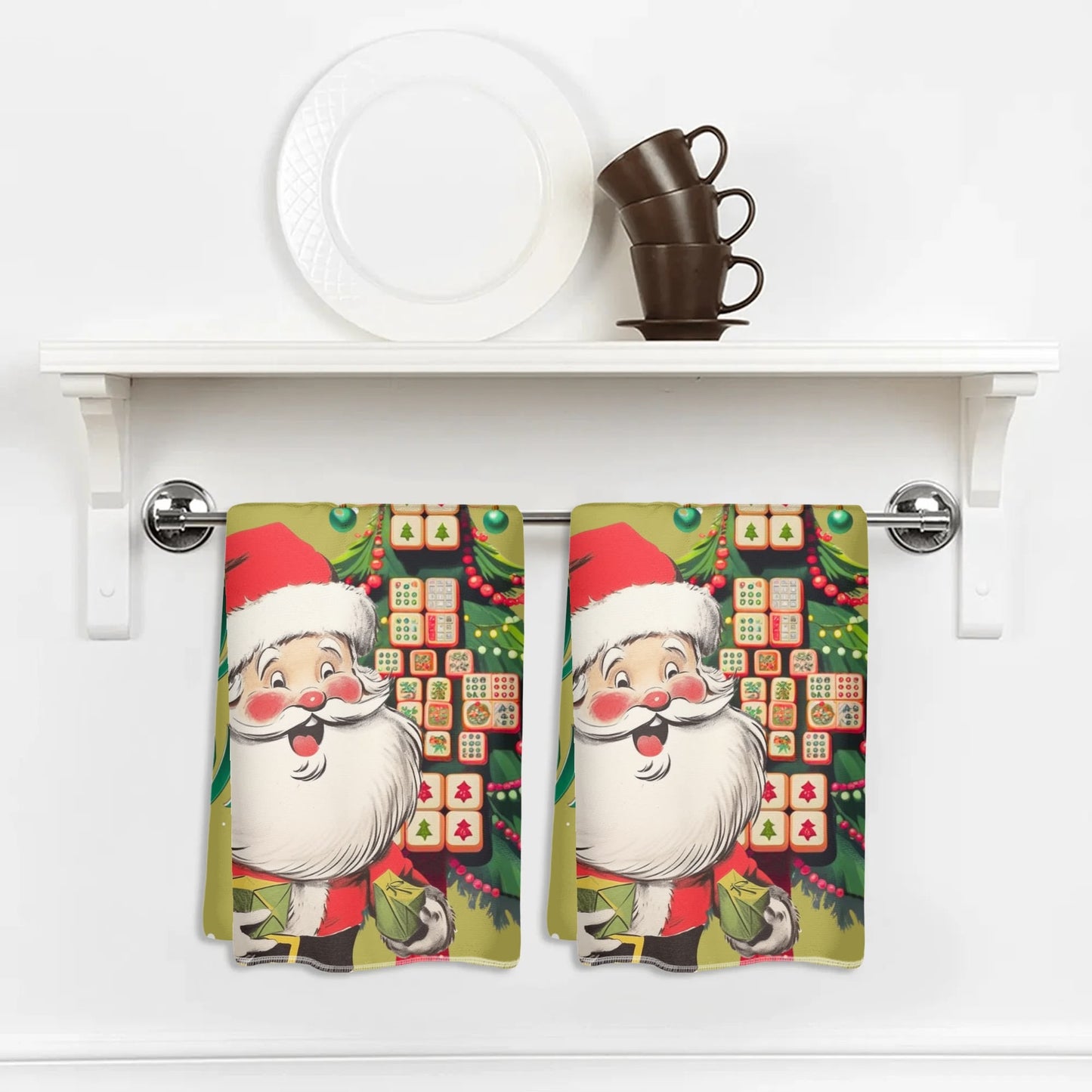 Festive Fun Mahjong Christmas Dishtowels, Hostess Gifts, Merry Mahj Tree And Vintage Santa