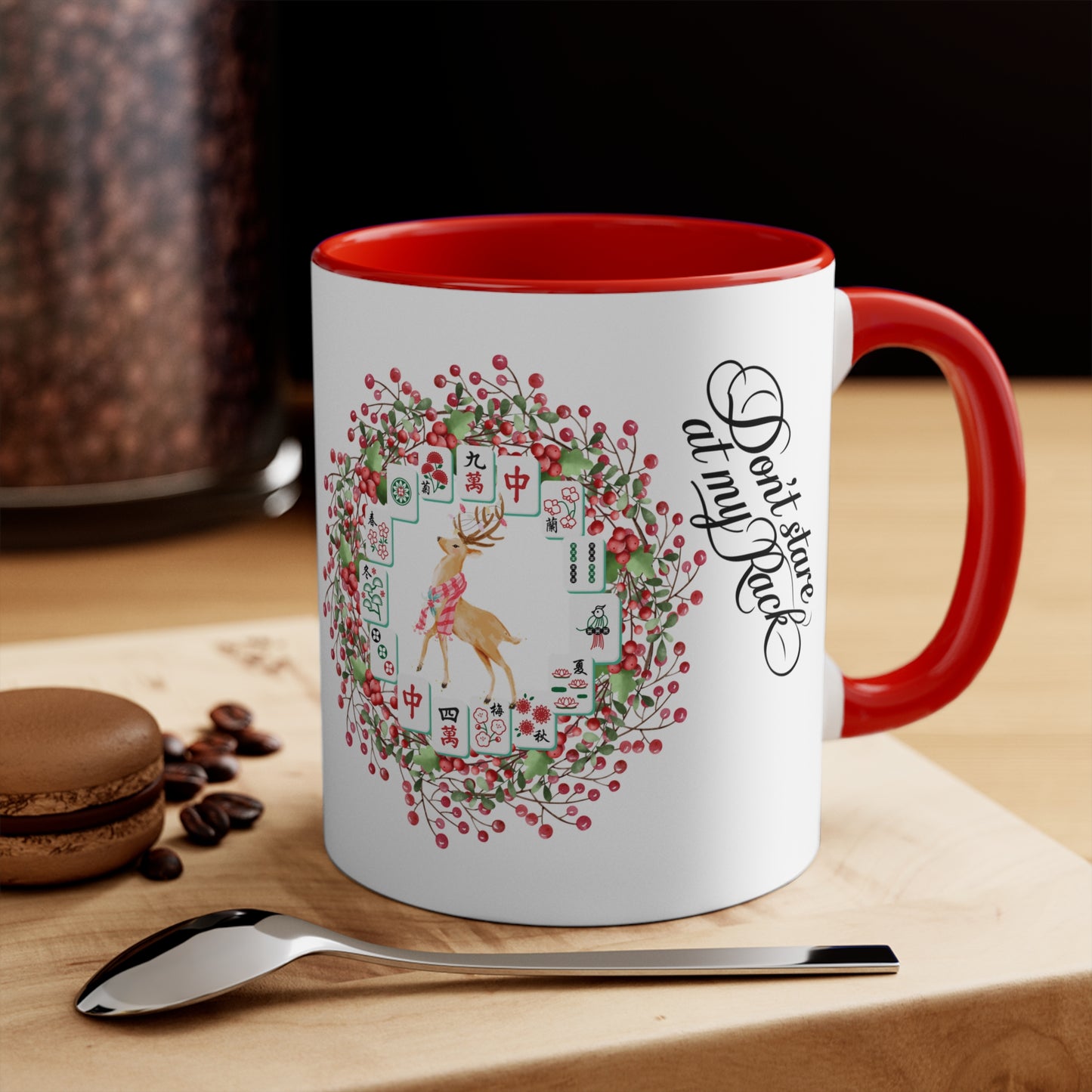 Funny Mahjong Christmas Mug, Don't Stare At My Rack, Mahj Tiles, Reindeer, Festive Mahj Mug for Holiday Cheer - 11oz Accent Mug, Gift for