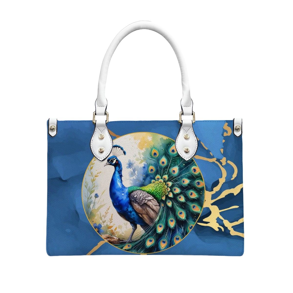 Chinoiserie Watercolor Asian Peacock Royal Blue Gold Shoulder Hand Bag