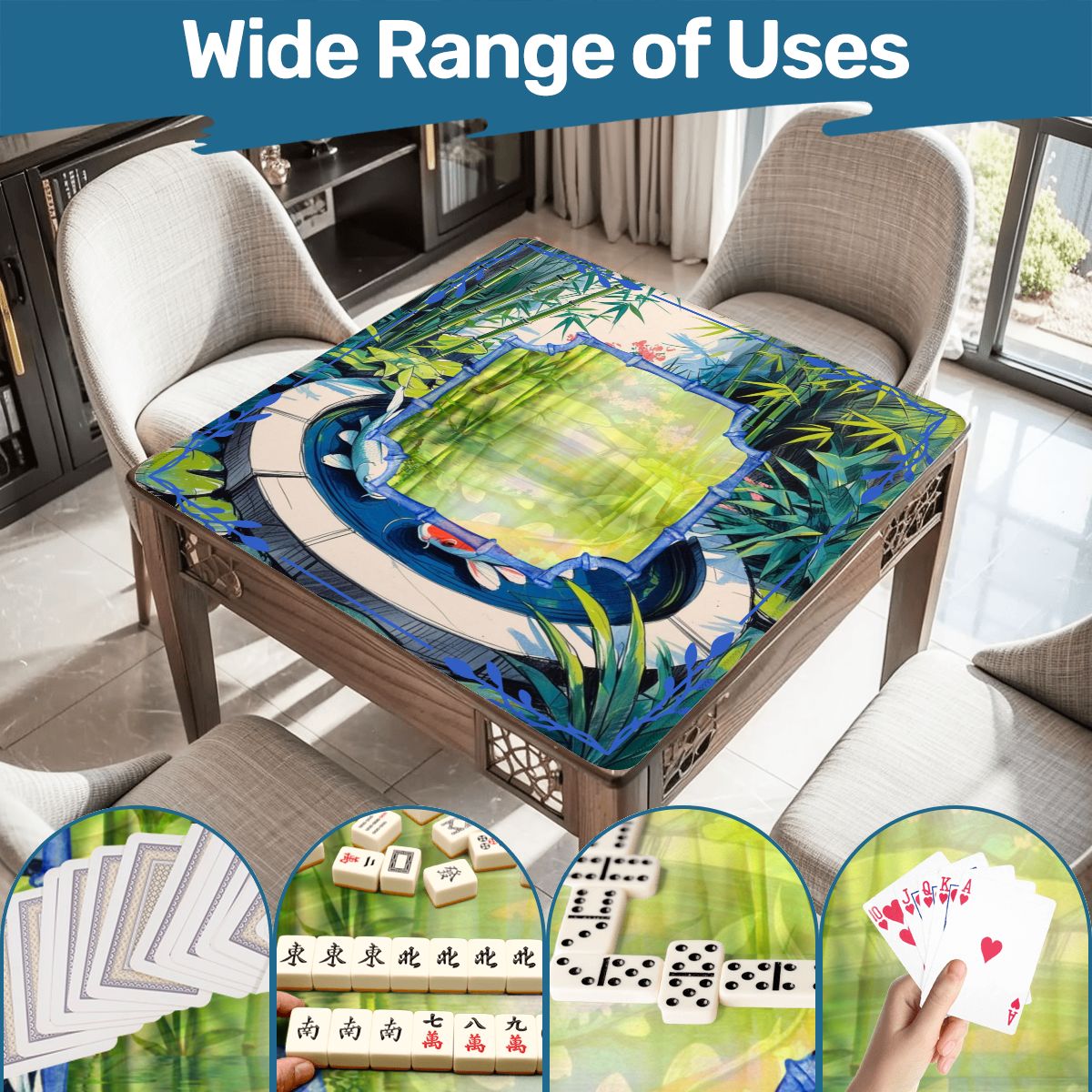 Mahjong Mat Japanese Koi Pond Asian Garden Zen Blue, Green Elegant Mahj Mat