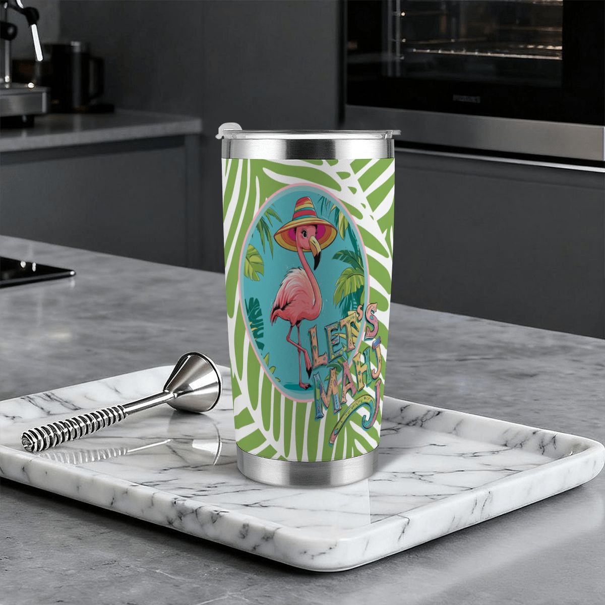 Tropical Flamingo, Let's Mahj 20oz Tumbler with Lid and Straw - Splash of Color Co.