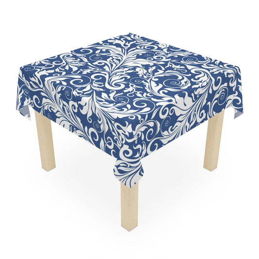 Blue Floral Scroll Tablecloth — Elegant Damask Table Cover for Dining & Entertaining - Splash of Color Co.