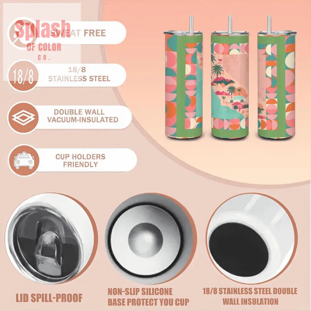 California Dreaming Whimsical Green Teal Pink Modern 20oz Straight Stainless Steel Tumbler with Straw - Splash of Color co.