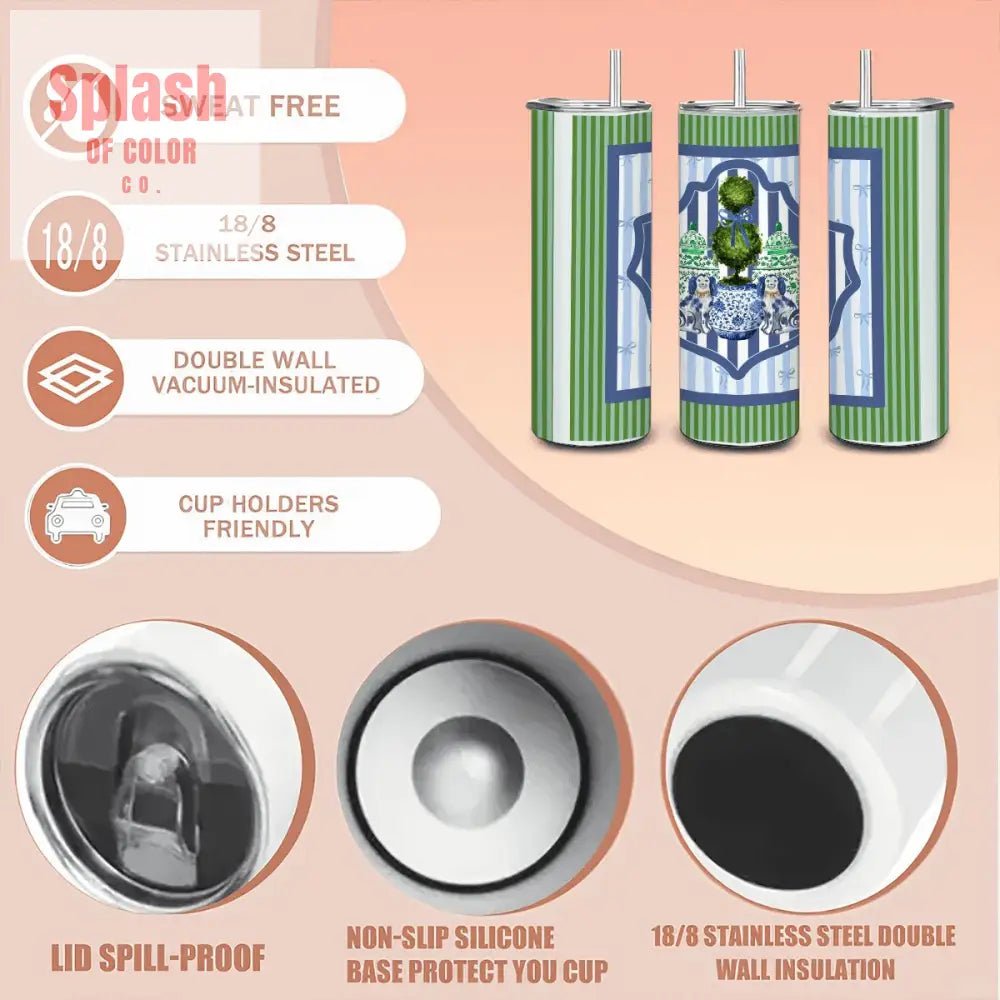 Preppy Green, Blue, Staffordshire Dogs, Chinoiserie 20oz Straight Stainless Steel Tumbler with Straw - Splash of Color co.