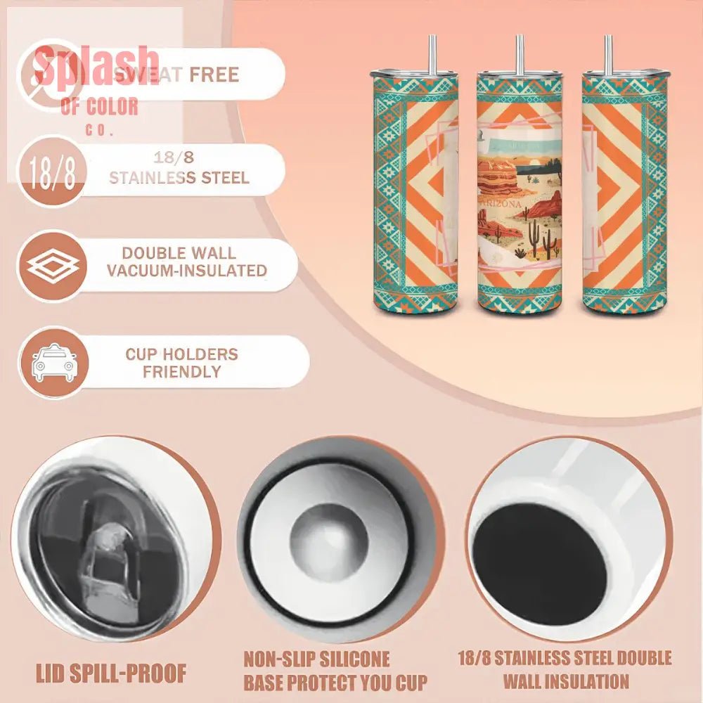 State Of Arizona Pride, Orange Teal 20oz Straight Stainless Steel Tumbler with Straw - Splash of Color co.