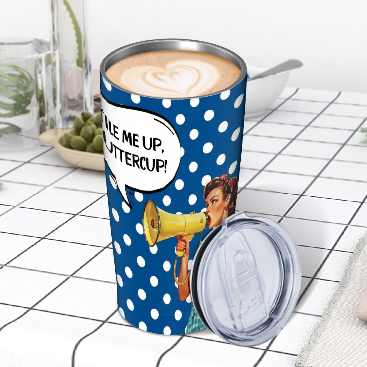 Mahjong Funny Tumbler Gift, Tile Me Up Buttercup, Blue White Polka Dot Stainless Steel Insulated Tumblers with Lid
