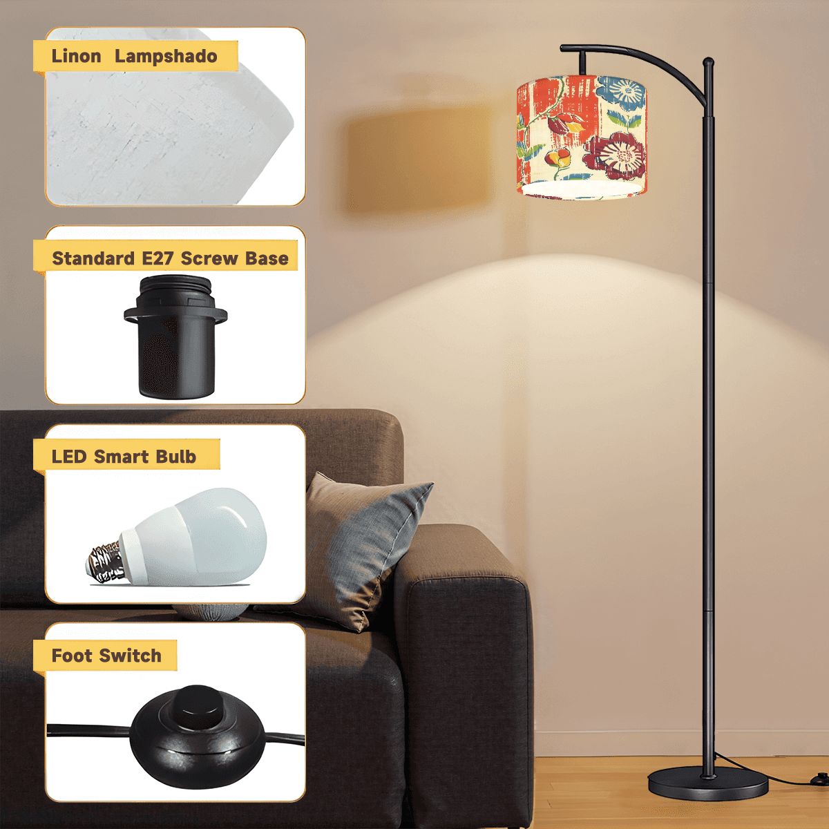 Boho Floral Heritage Modern Arc Floor Lamp, In Coral Blue And Green