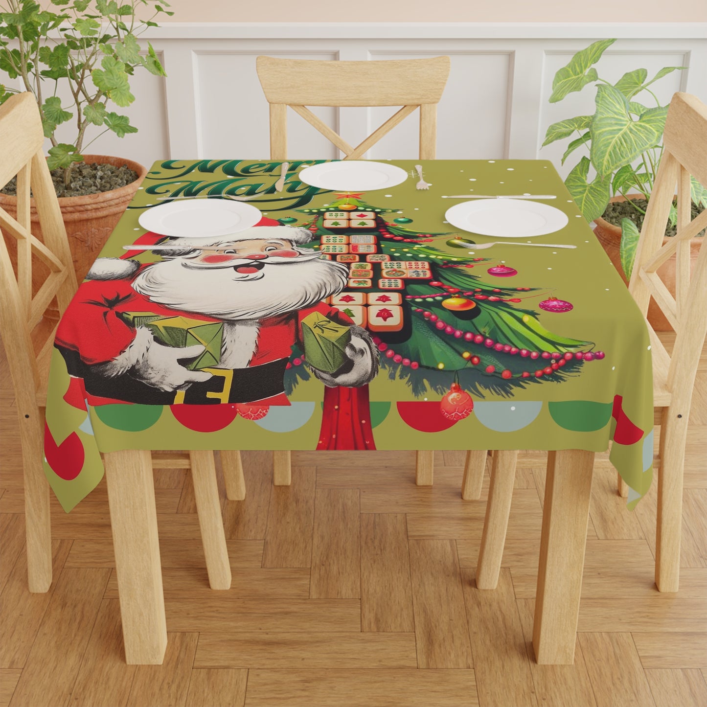 Vintage Santa Mahjong Tablecloth, Whimsical Tile Tree Merry Mahj Christmas Tablecloth