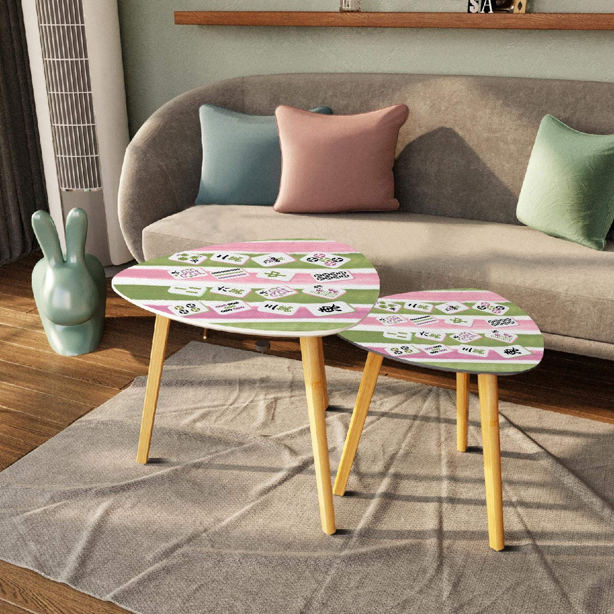 Mahjong Tile Designed Pink Green Watercolor Striped ModernTriangle Coffee Table Set of 2