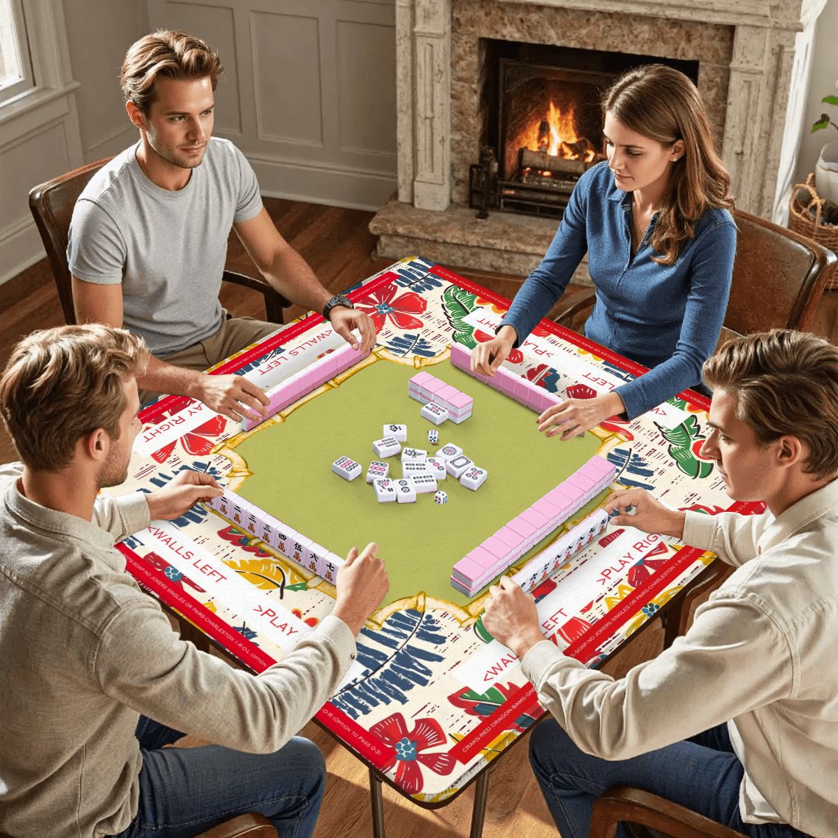 Mahjong Mat Floral Heritage Instructional Learning Mat Blue, Green Yellow Preppy Mahj Mat