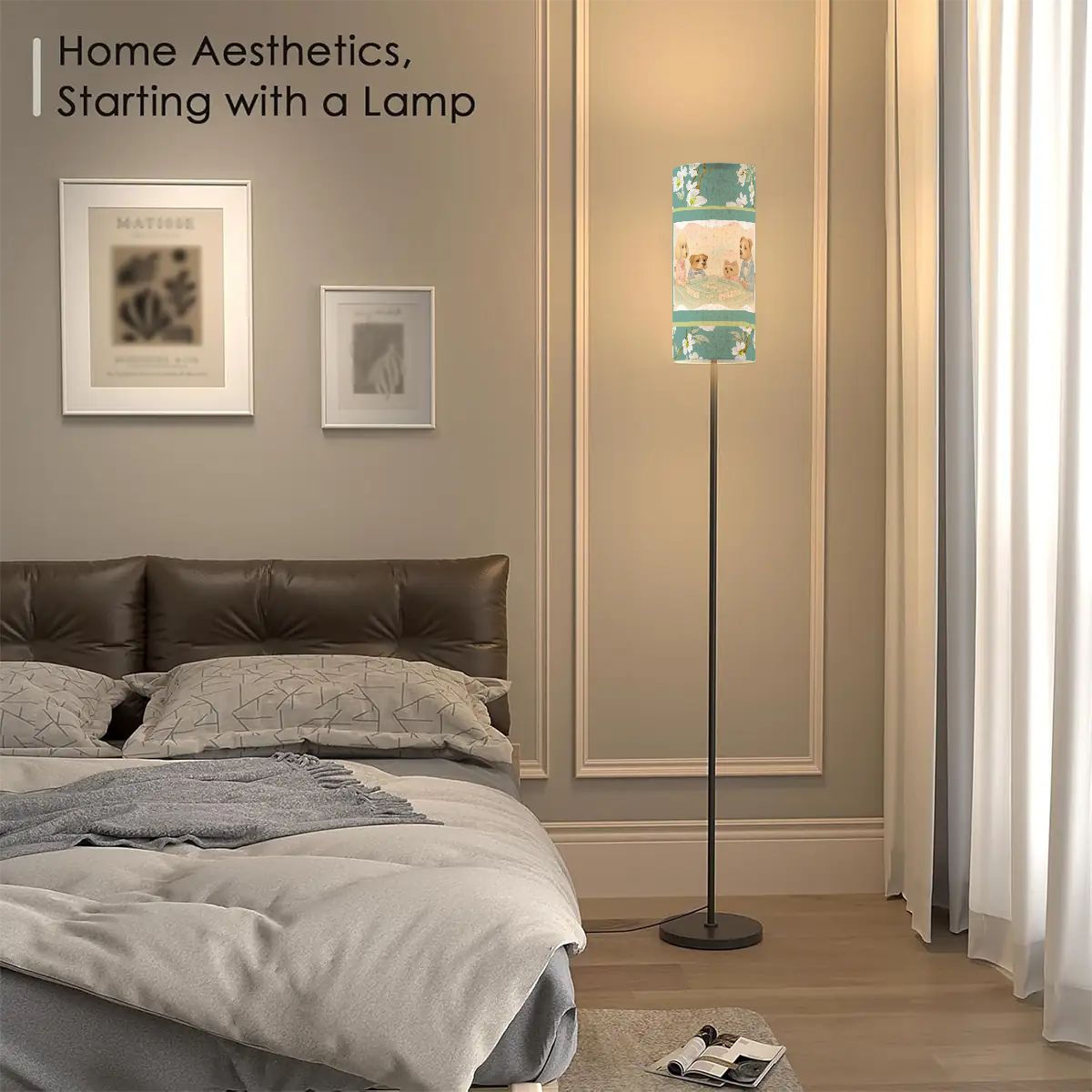 Whimsical Dogs Playing Mahjong Reading Nook Asian Floral Designed Modern Floor Lamp