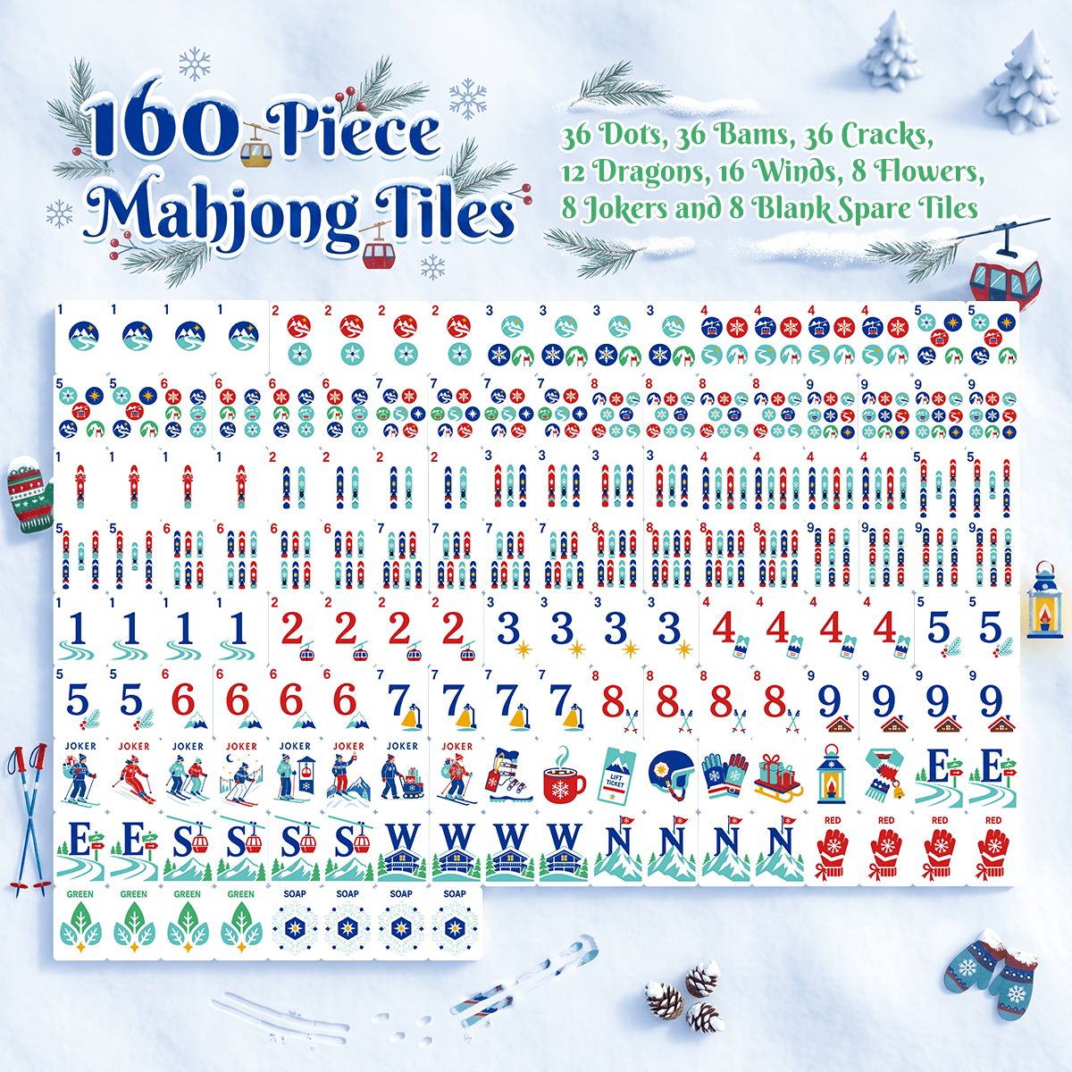 Cozy Winter Alpine Slopes ENGRAVED Christmas Mahjong Tiles And Carry Case - Splash Of Mahj And Color Co.