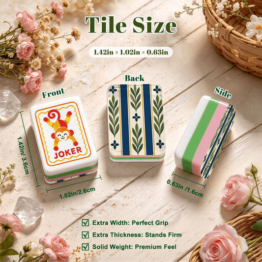 Modern Floral Green And Blue Folk American Mahjong Tiles 4 Layer And Carry Case