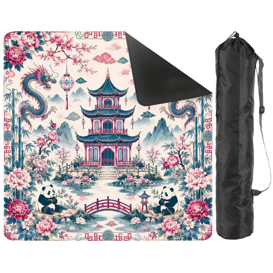 Playful Pandas And Dragon Chinoiserie Pagoda Mahjong Mat Blue And Mauve - Splash Of Mahj And Color Co.